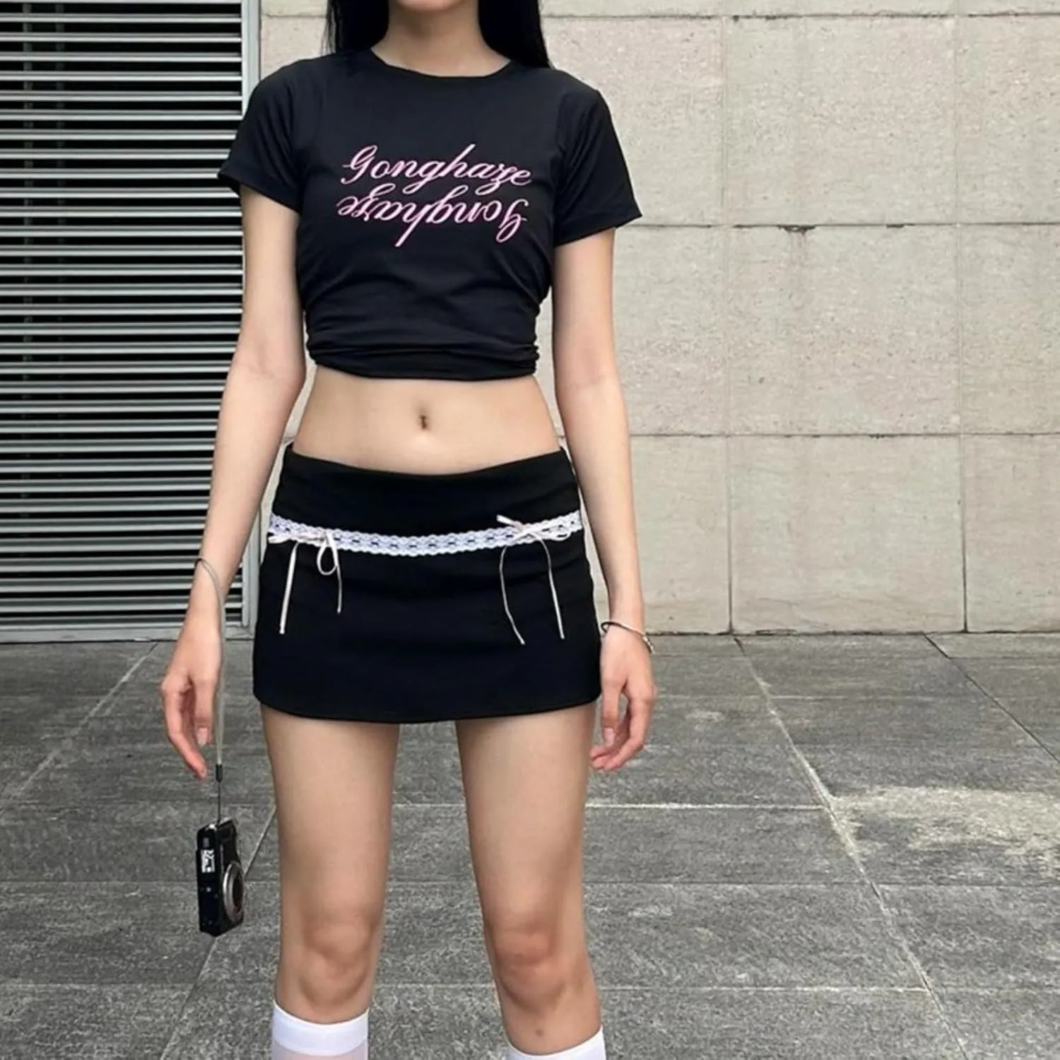 Black Bodycon Mini Skirts for Women Pleated Skirt with Lace Trim and Bow Ties Preppy Clothes Y2k Outfits