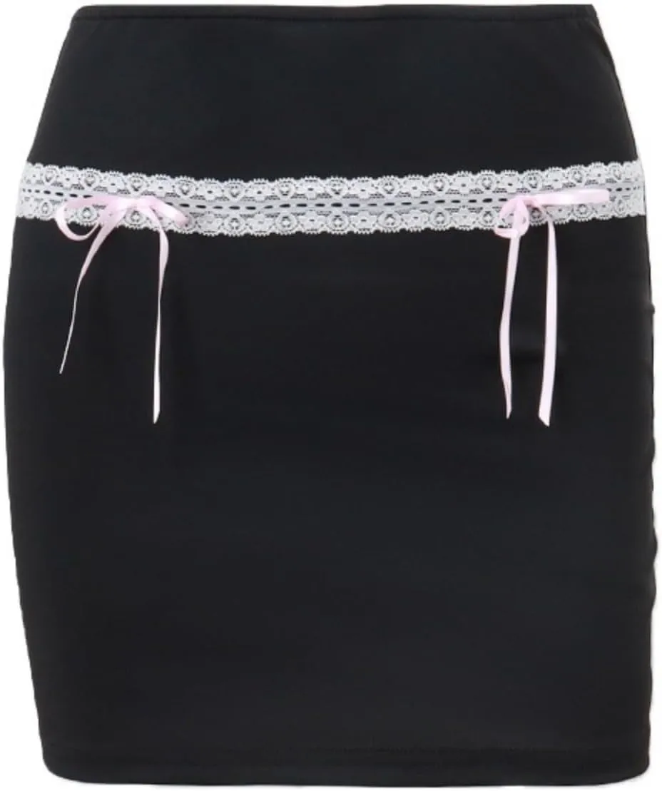 Black Bodycon Mini Skirts for Women Pleated Skirt with Lace Trim and Bow Ties Preppy Clothes Y2k Outfits