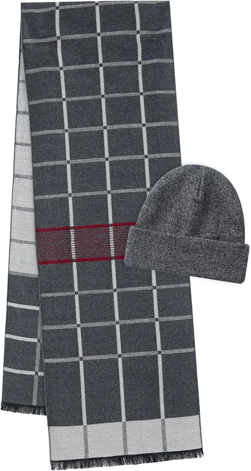 CALVIN & OLIVIA Mens Winter Warm Long Soft Scarf Plaid Tassel Scarf for Men Soft Classic Scarves Dark Grey Light Grey Tartan Set