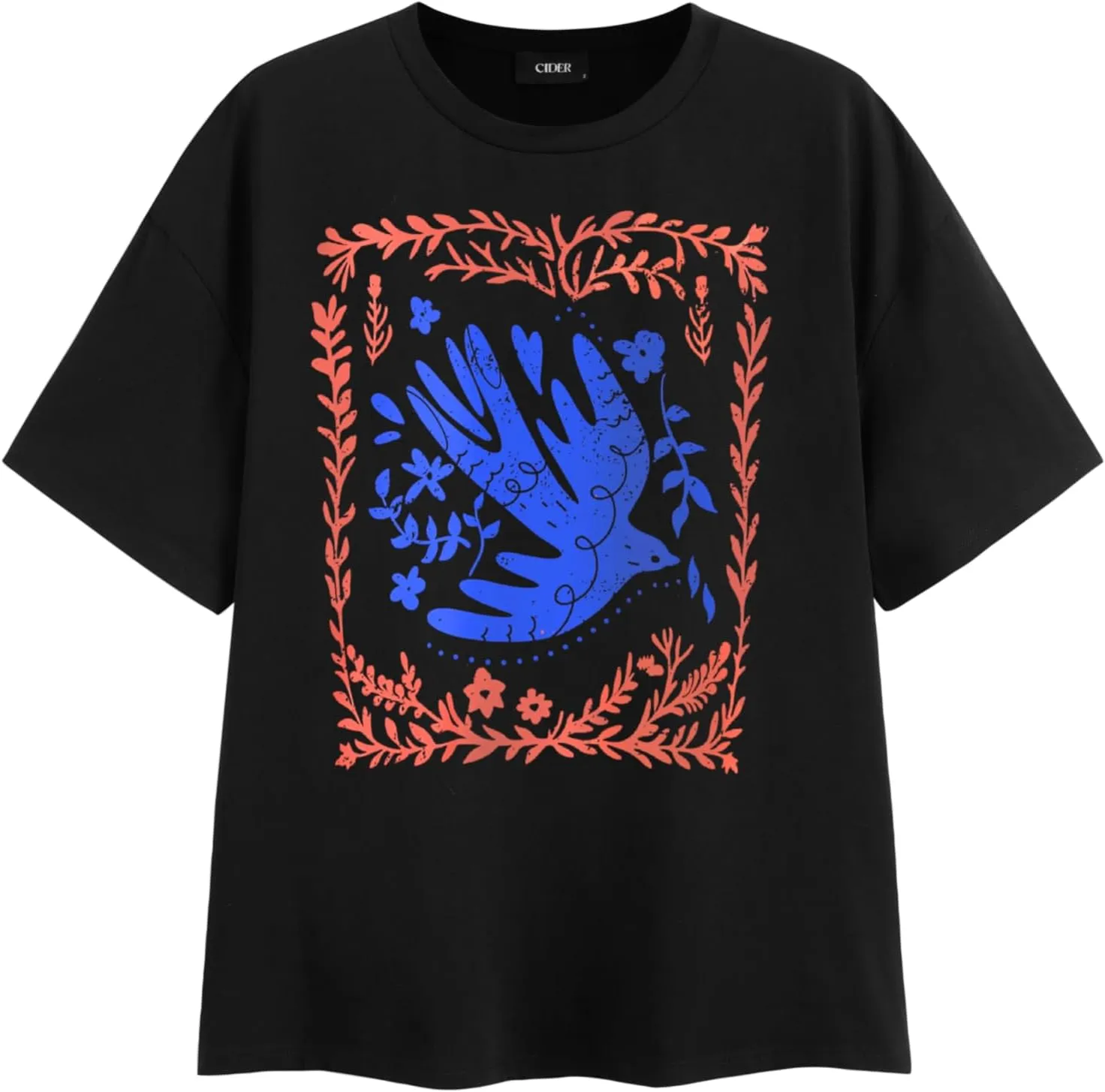 CIDER Graphic Tees for Women Floral Print Crew Neck Oversized T Shirt Short Sleeve Casual Loose Fit Top