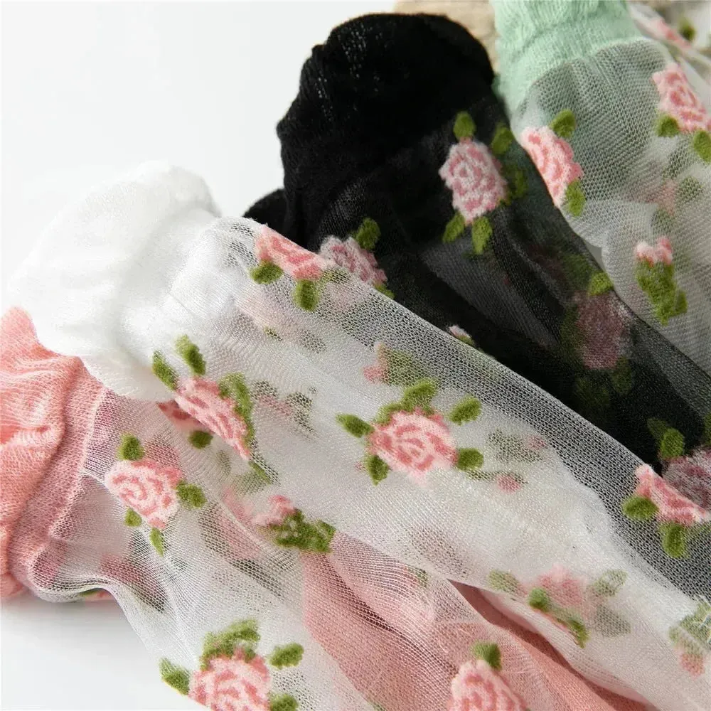 Delicate Vintage Floral Lace Ruffle Socks with Crystal Silk for Women and Girls – Kawaii Harajuku Style Crew Socks