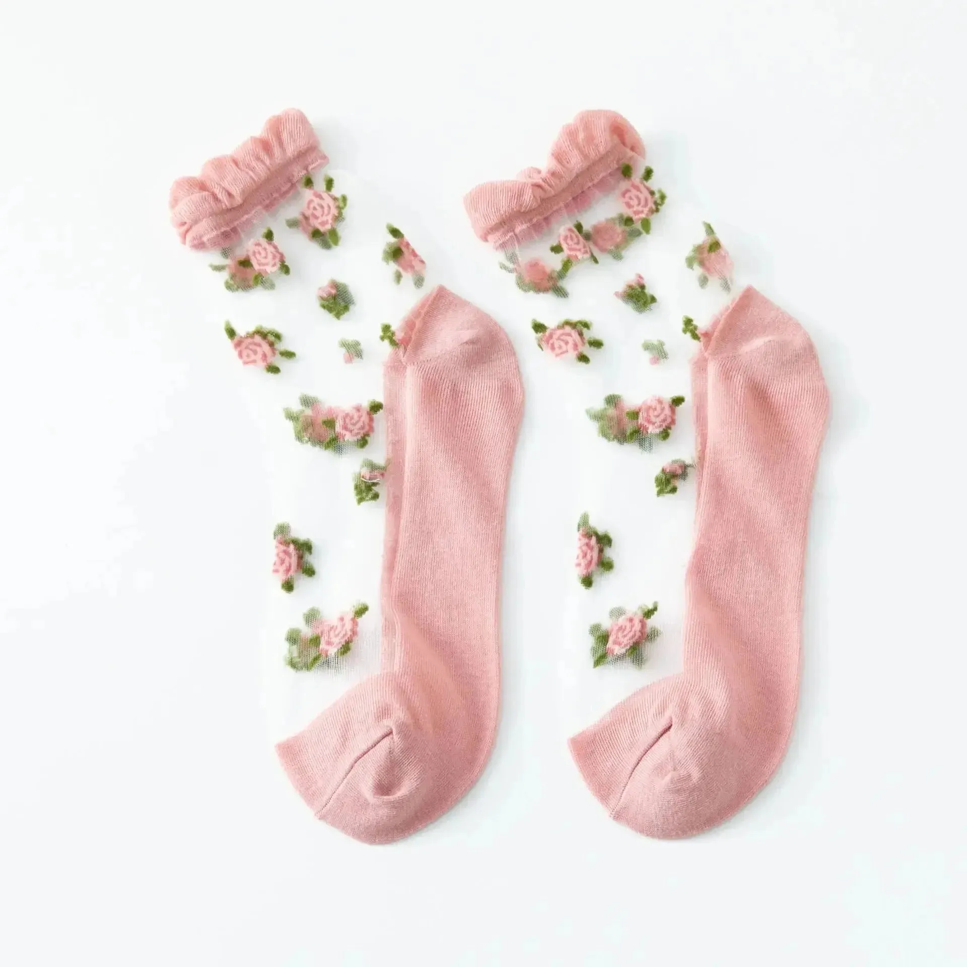 Delicate Vintage Floral Lace Ruffle Socks with Crystal Silk for Women and Girls – Kawaii Harajuku Style Crew Socks