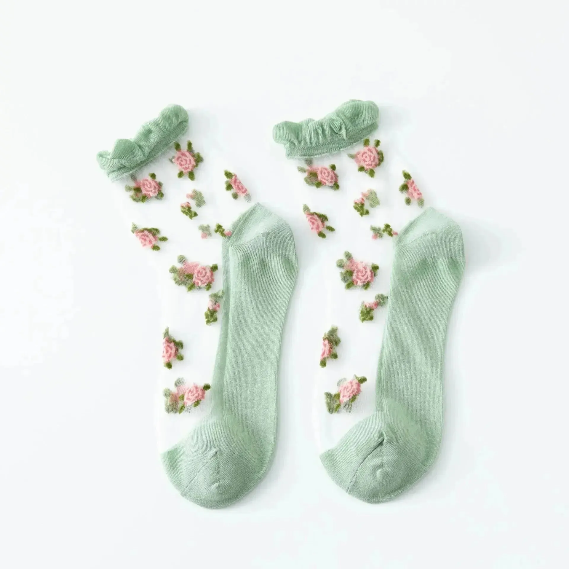Delicate Vintage Floral Lace Ruffle Socks with Crystal Silk for Women and Girls – Kawaii Harajuku Style Crew Socks