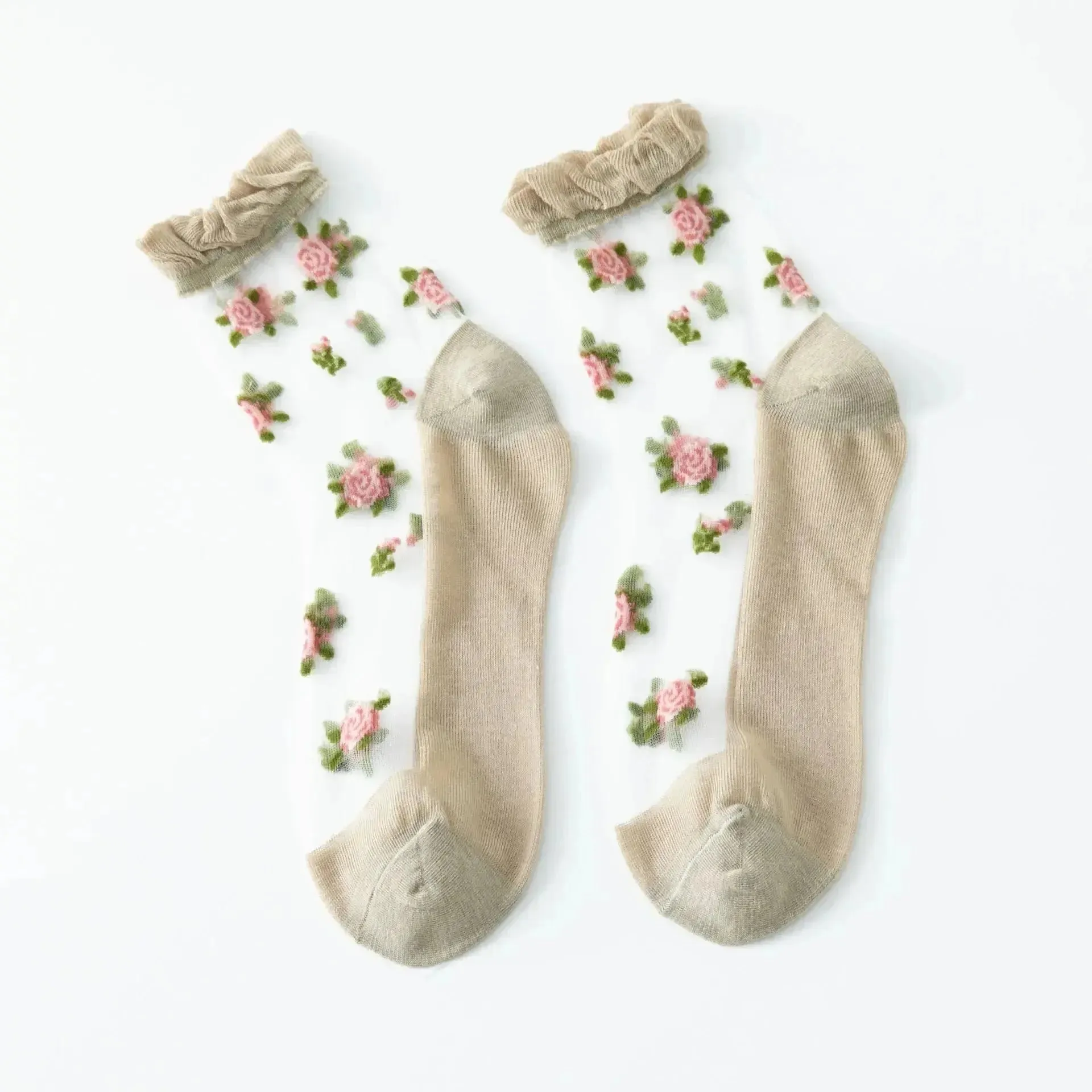 Delicate Vintage Floral Lace Ruffle Socks with Crystal Silk for Women and Girls – Kawaii Harajuku Style Crew Socks