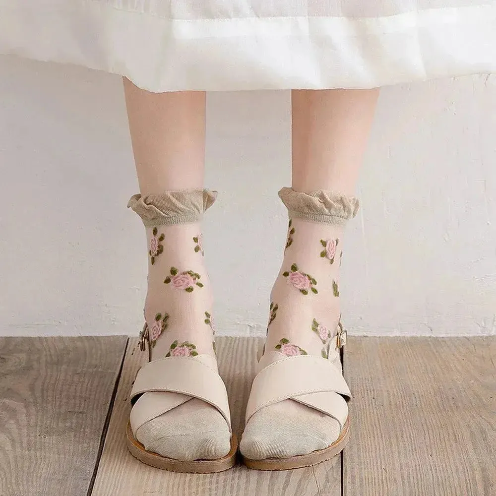 Delicate Vintage Floral Lace Ruffle Socks with Crystal Silk for Women and Girls – Kawaii Harajuku Style Crew Socks