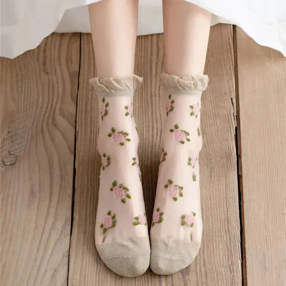 Delicate Vintage Floral Lace Ruffle Socks with Crystal Silk for Women and Girls – Kawaii Harajuku Style Crew Socks
