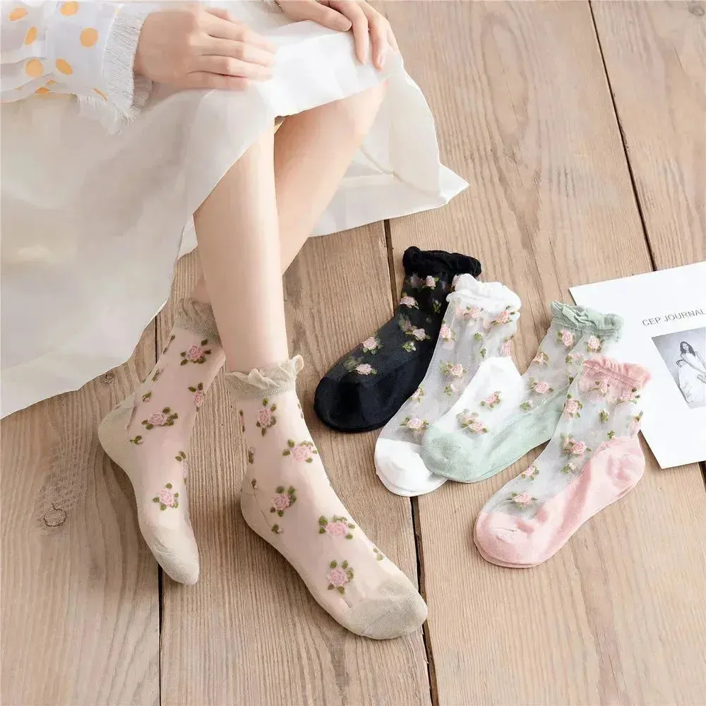 Delicate Vintage Floral Lace Ruffle Socks with Crystal Silk for Women and Girls – Kawaii Harajuku Style Crew Socks