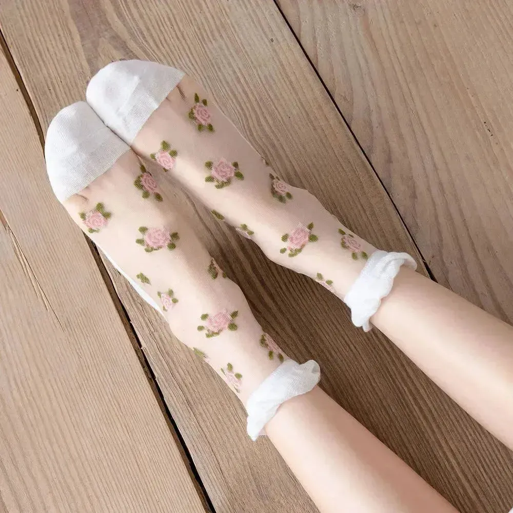 Delicate Vintage Floral Lace Ruffle Socks with Crystal Silk for Women and Girls – Kawaii Harajuku Style Crew Socks