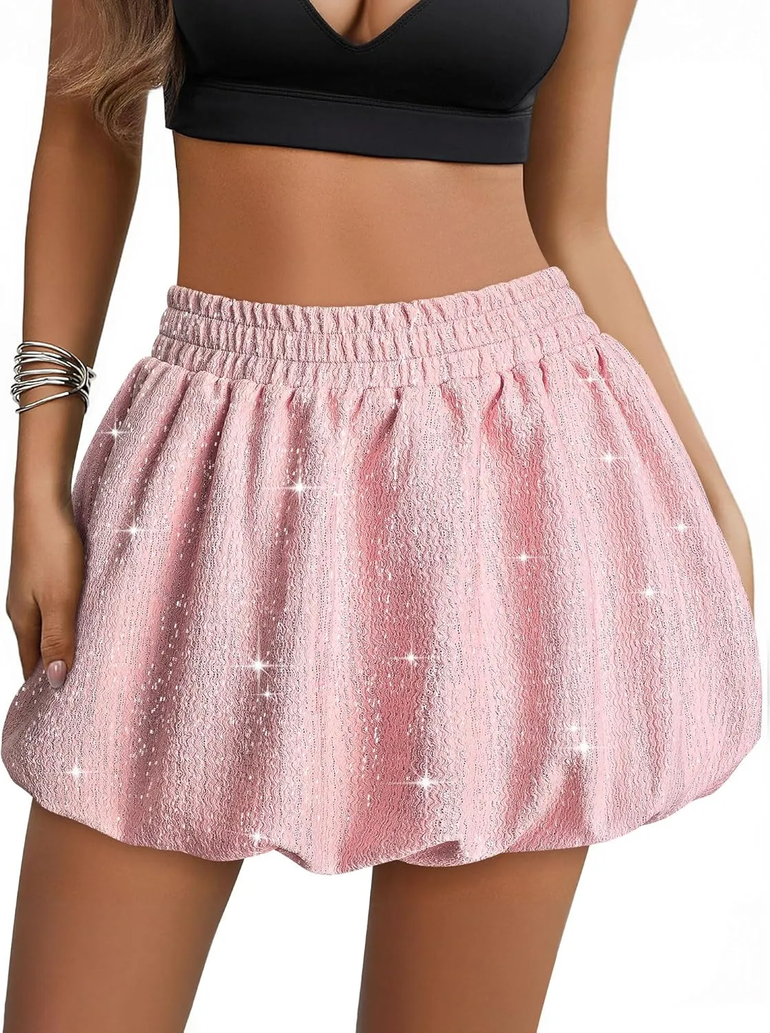 Ezcosplay Women Bubble Mini Skirt High Waisted Puffy Balloon Short Skirts Sparkly Glitter Y2K Going Out Club Skirt