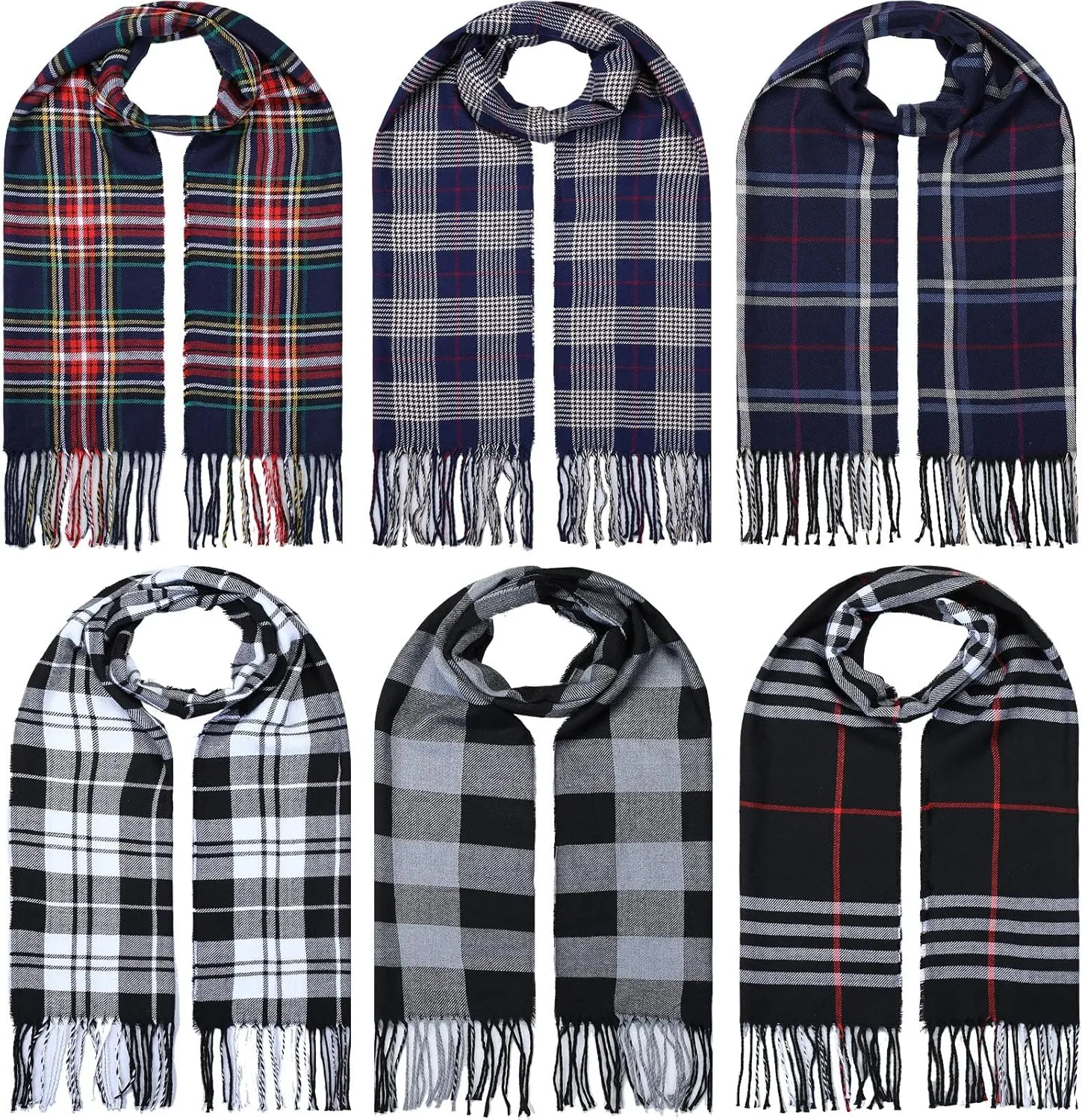 Handepo 6 Pcs Plaid Soft Imitation Cashmere Winter Scarf Buffalo Plaid Scarf Imitation Cashmere Scarfs with Fringes for Women Men Warm, 6 Designs