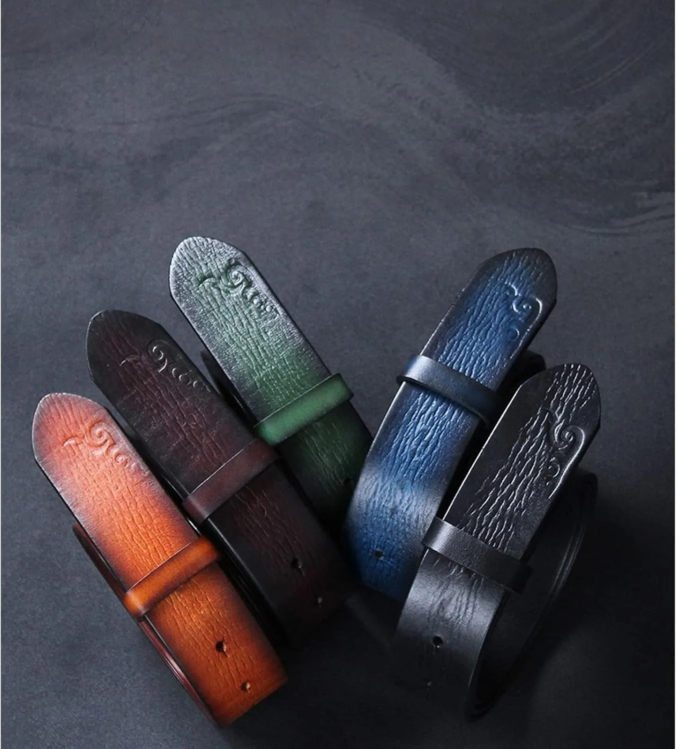 Handmade Copper Button Genuine Leather Strap Male Belts for Men Women Cowhide Embossed Buckle Belt,Blue c,105cm/41.3''