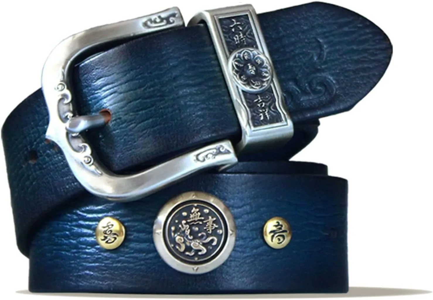 Handmade Copper Button Genuine Leather Strap Male Belts for Men Women Cowhide Embossed Buckle Belt,Blue c,105cm/41.3''