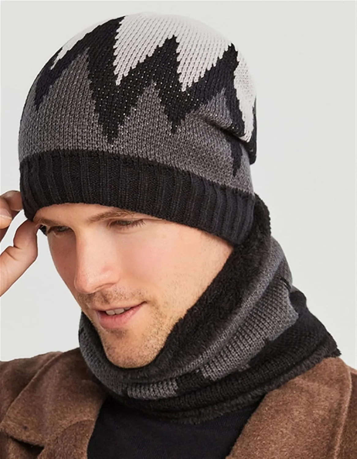 Insun Men's Winter Knitted Beanie Hat with Scarf Flame Pattern Warm Fleece Lined Skull Cap and Neck Warmer Circle Loop Scarf