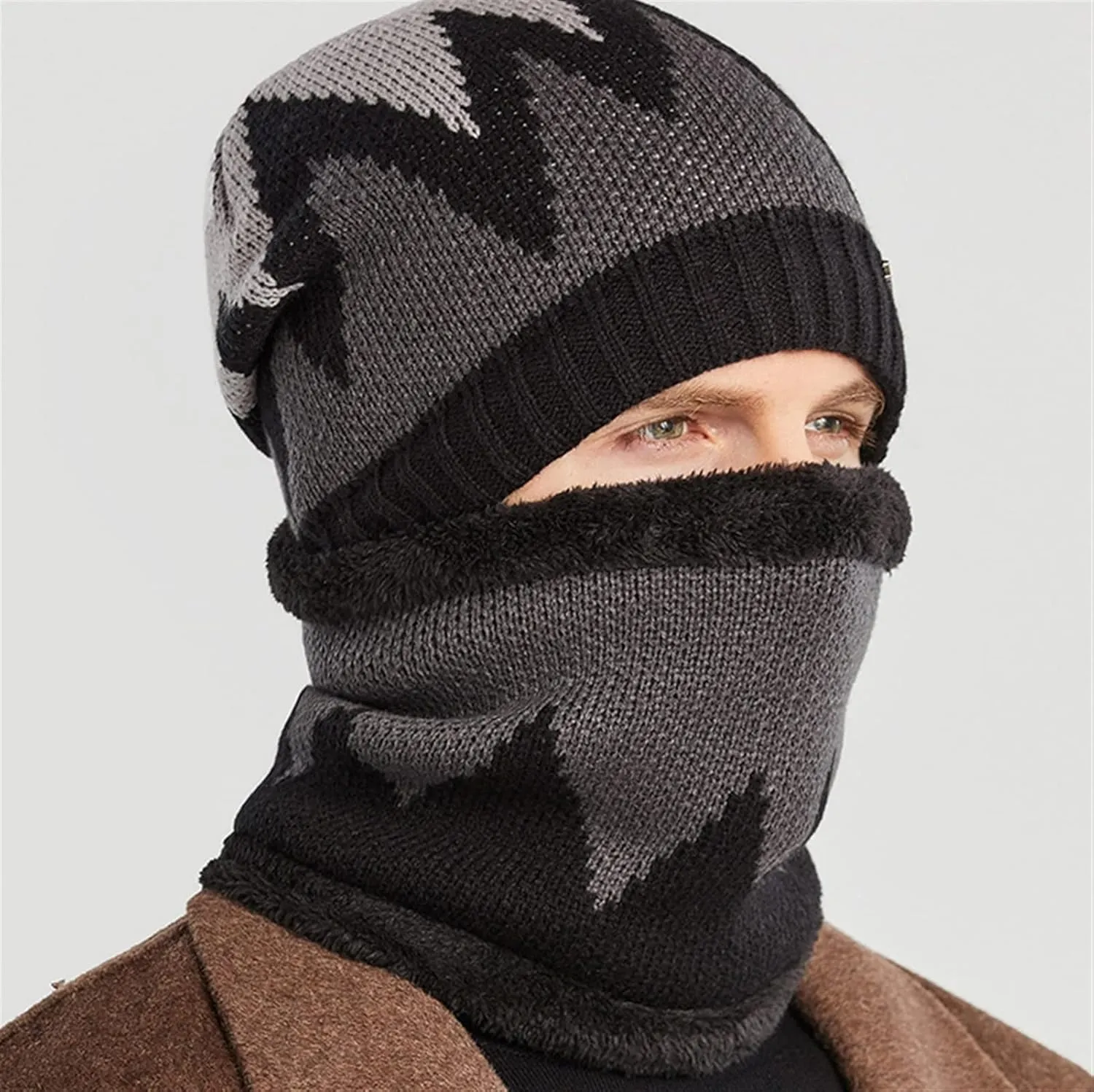 Insun Men's Winter Knitted Beanie Hat with Scarf Flame Pattern Warm Fleece Lined Skull Cap and Neck Warmer Circle Loop Scarf