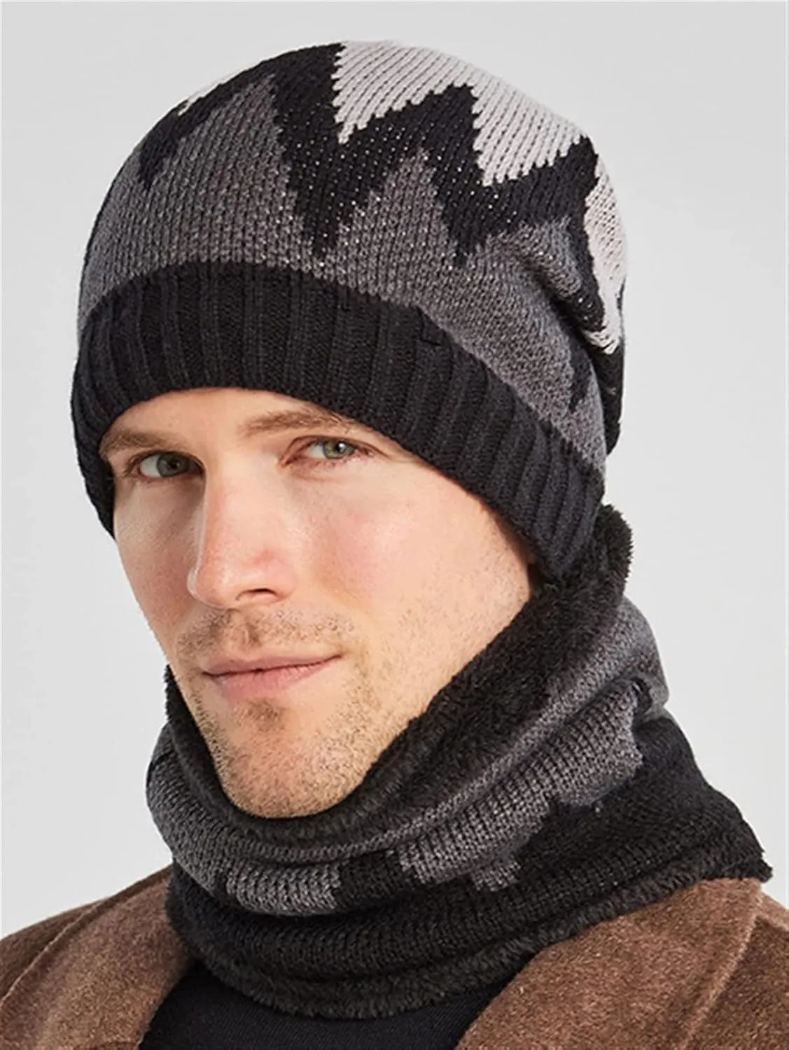 Insun Men's Winter Knitted Beanie Hat with Scarf Flame Pattern Warm Fleece Lined Skull Cap and Neck Warmer Circle Loop Scarf