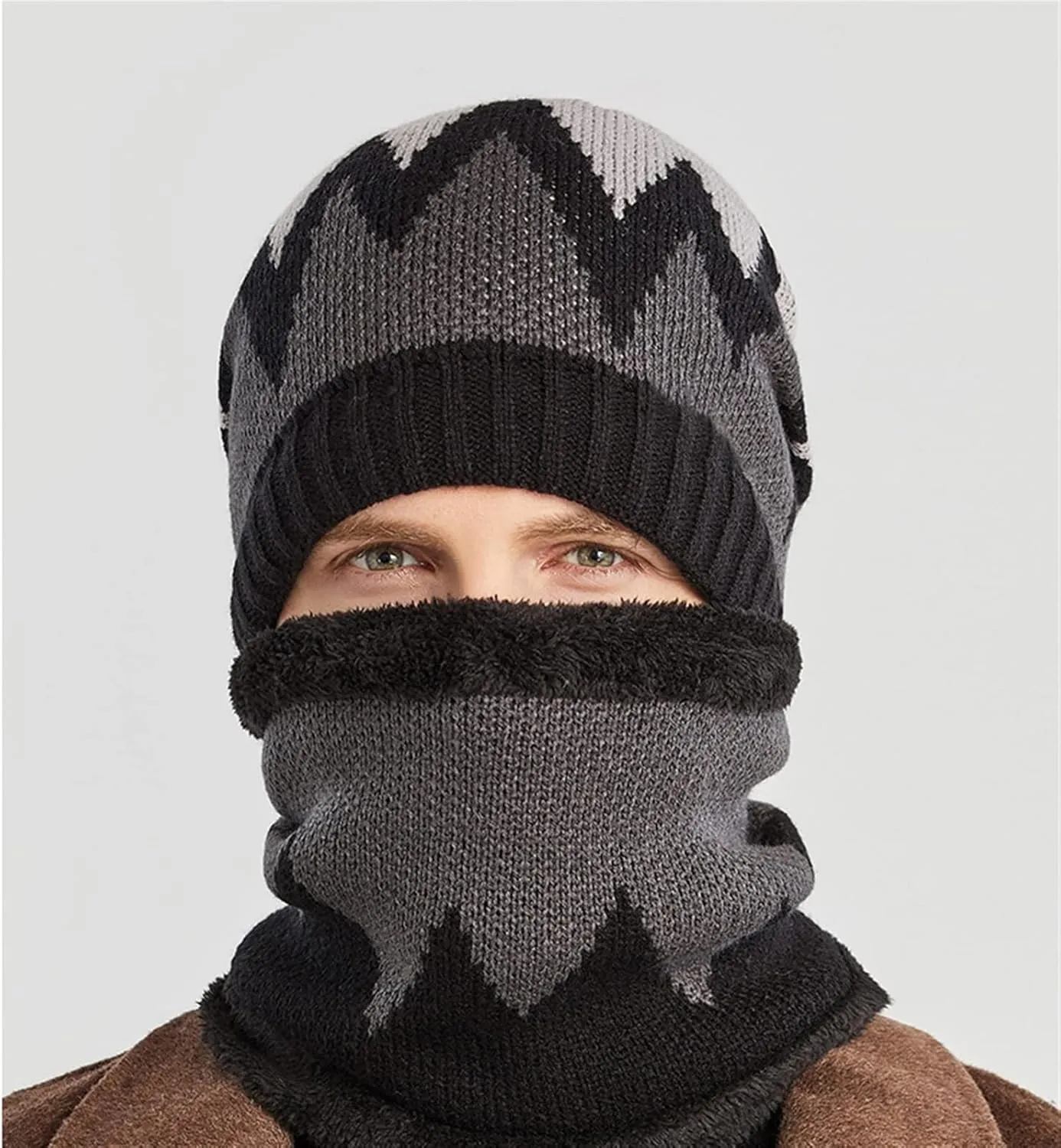 Insun Men's Winter Knitted Beanie Hat with Scarf Flame Pattern Warm Fleece Lined Skull Cap and Neck Warmer Circle Loop Scarf