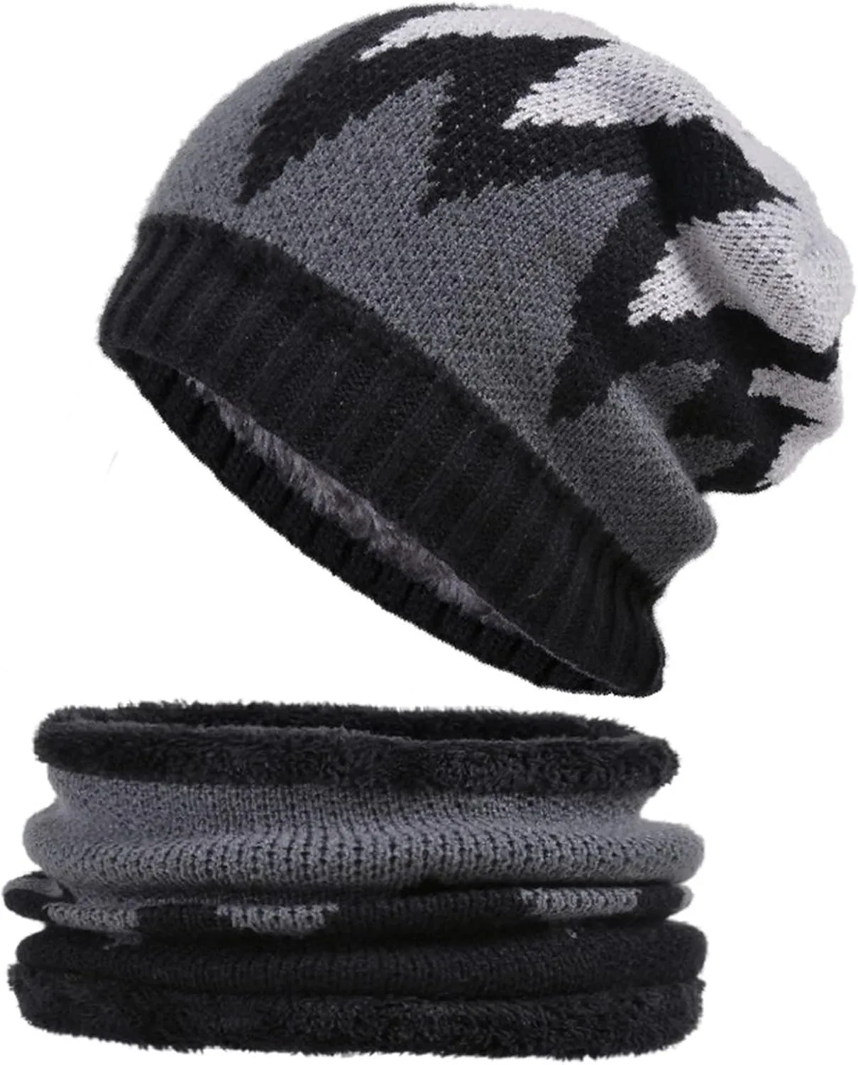Insun Men's Winter Knitted Beanie Hat with Scarf Flame Pattern Warm Fleece Lined Skull Cap and Neck Warmer Circle Loop Scarf