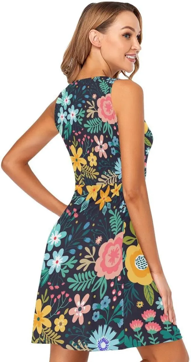 linqin Women's Casual Sleeveless Summer Dress with Pockets Watercolor Floral Pattern Delicate Flower Beach Shift Dress
