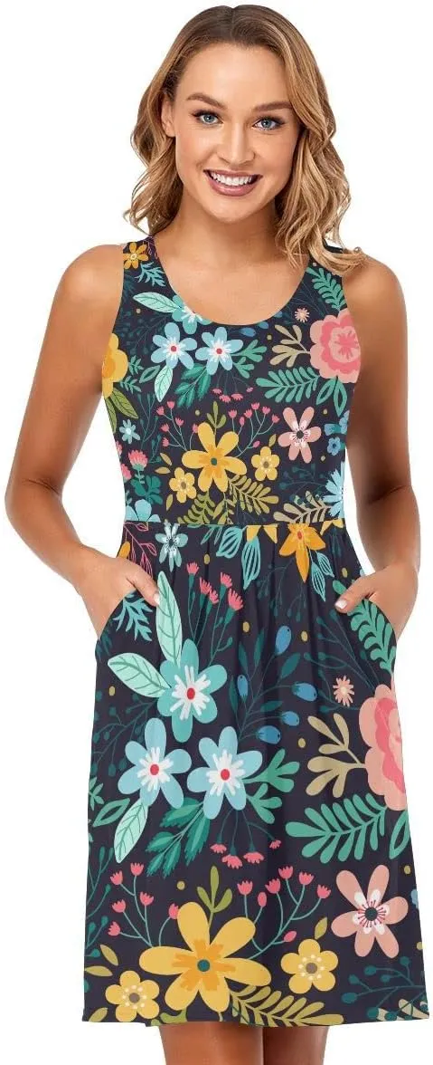 linqin Women's Casual Sleeveless Summer Dress with Pockets Watercolor Floral Pattern Delicate Flower Beach Shift Dress