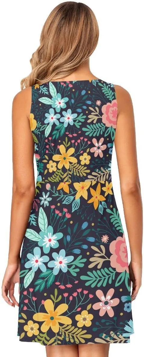 linqin Women's Casual Sleeveless Summer Dress with Pockets Watercolor Floral Pattern Delicate Flower Beach Shift Dress