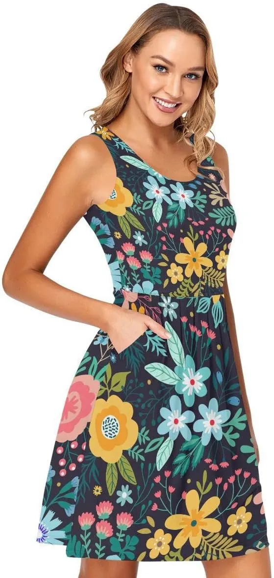 linqin Women's Casual Sleeveless Summer Dress with Pockets Watercolor Floral Pattern Delicate Flower Beach Shift Dress