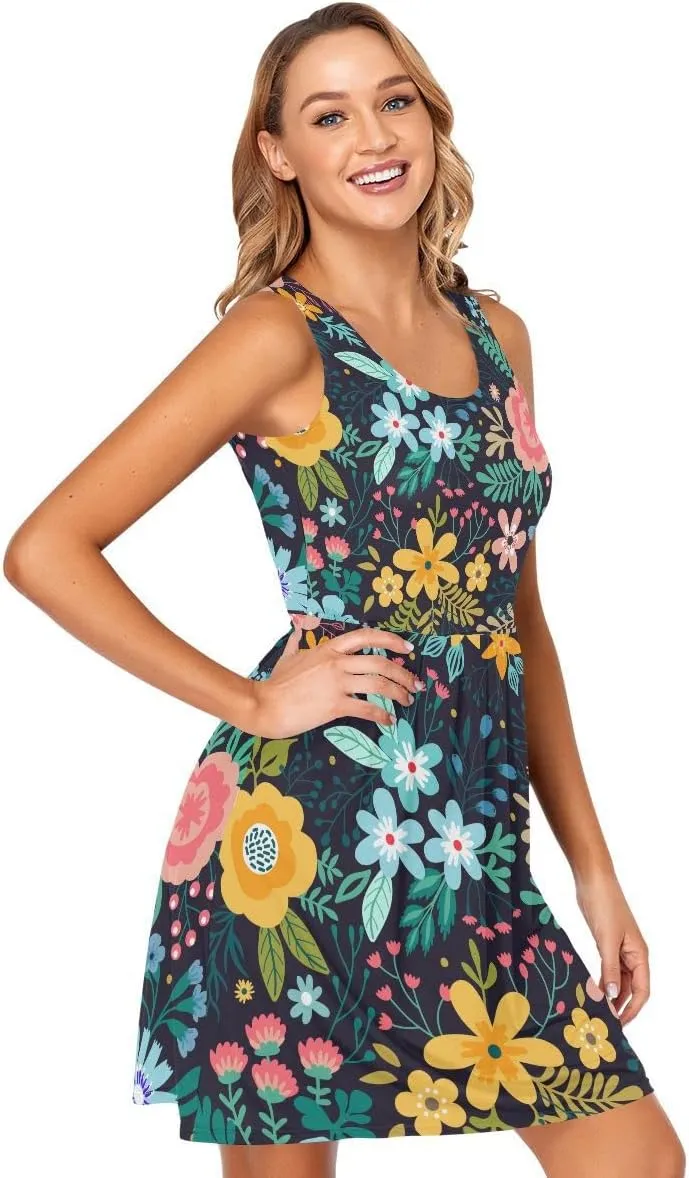 linqin Women's Casual Sleeveless Summer Dress with Pockets Watercolor Floral Pattern Delicate Flower Beach Shift Dress