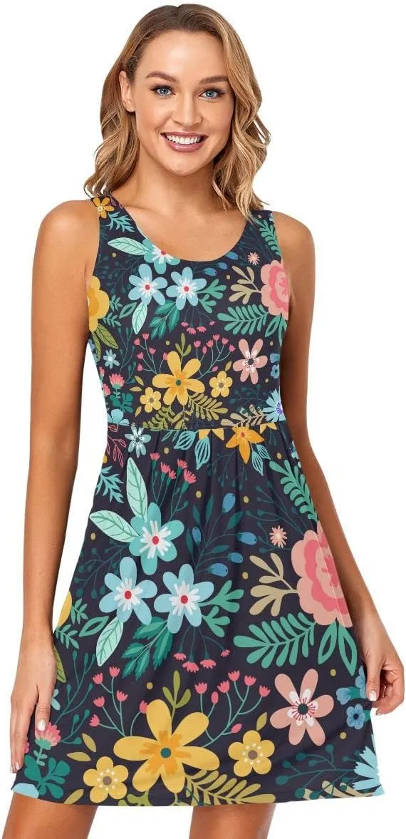 linqin Women's Casual Sleeveless Summer Dress with Pockets Watercolor Floral Pattern Delicate Flower Beach Shift Dress