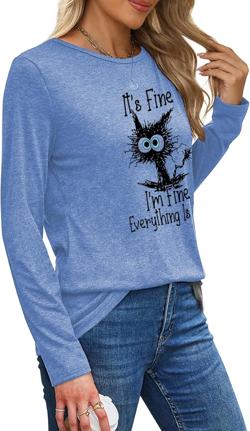 Long Sleeve T Shirts for Women Cute Cat Graphic Tees I‘m Fine Everything is Fine Tops Fall Crewneck Blouse Casual Outfits