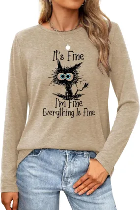 Long Sleeve T Shirts for Women Cute Cat Graphic Tees I‘m Fine Everything is Fine Tops Fall Crewneck Blouse Casual Outfits