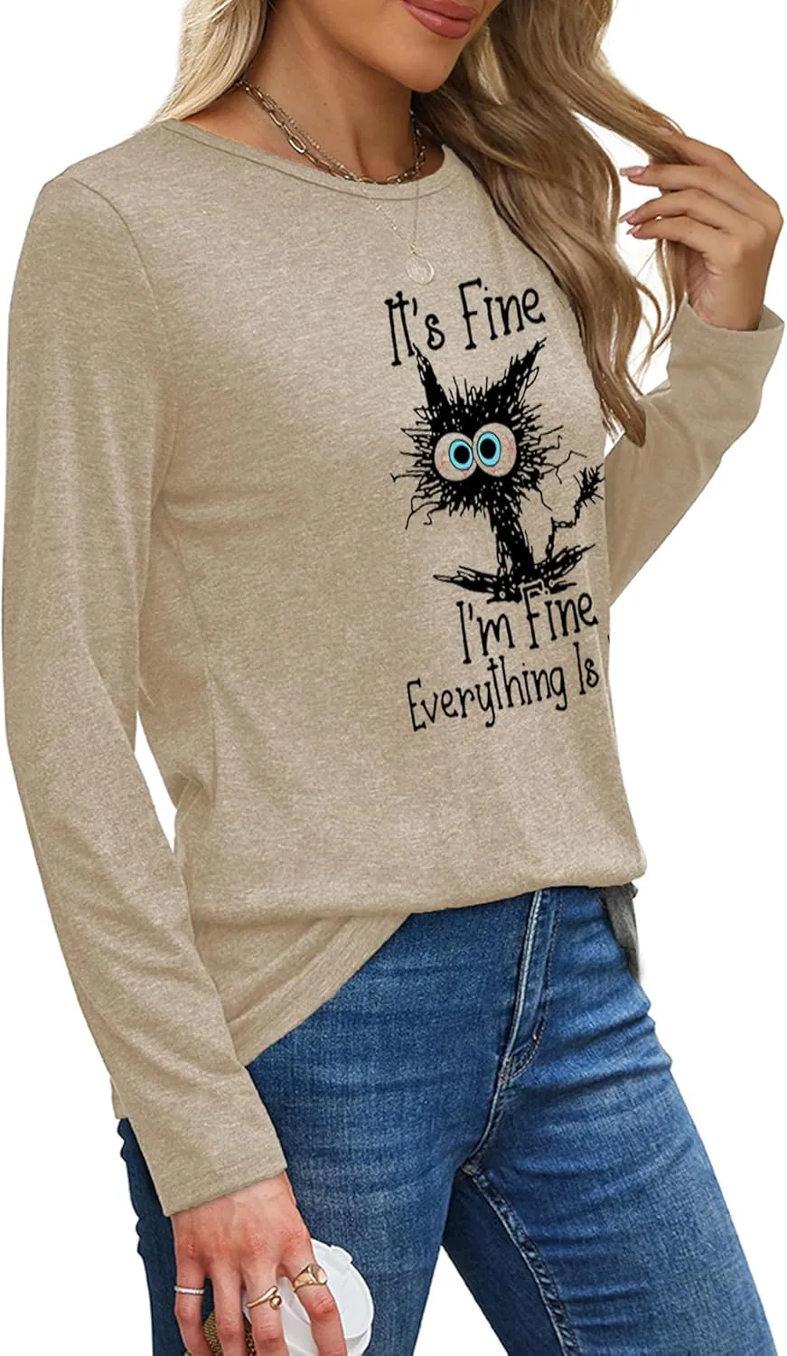 Long Sleeve T Shirts for Women Cute Cat Graphic Tees I‘m Fine Everything is Fine Tops Fall Crewneck Blouse Casual Outfits