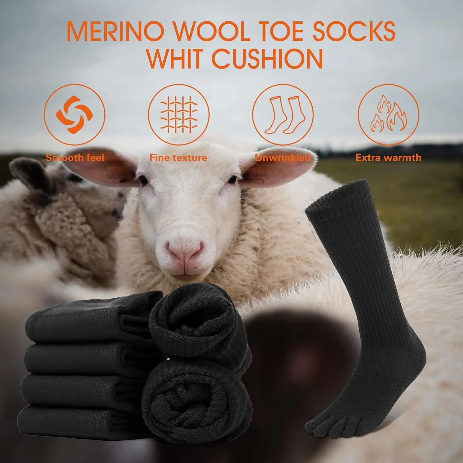 Merino Wool Toe Socks for Men and Women Hiking Cushion Boot Socks with Toes (1-2 Pairs)