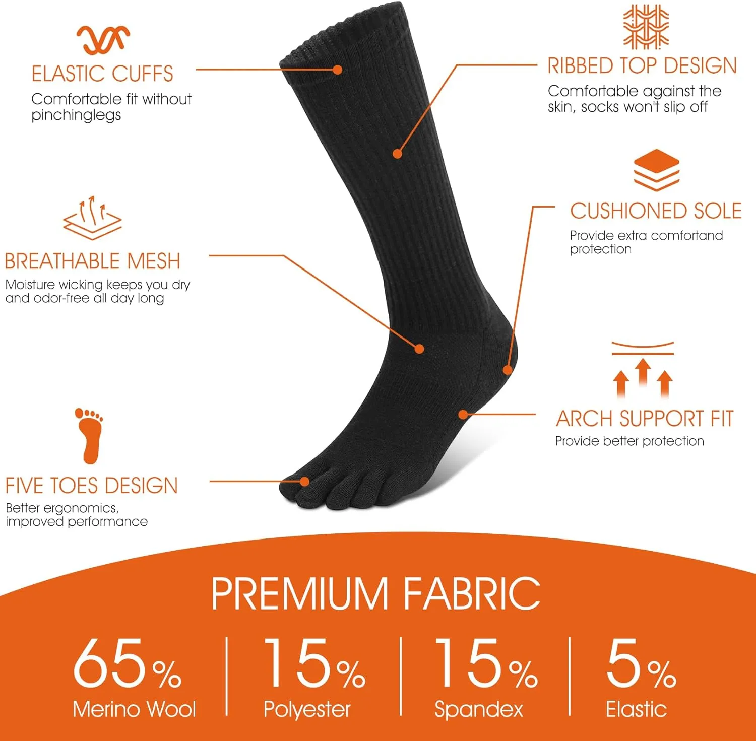 Merino Wool Toe Socks for Men and Women Hiking Cushion Boot Socks with Toes (1-2 Pairs)