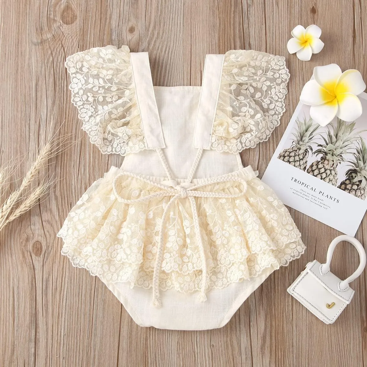 ODASDO Baby Girl Lace Romper Delicate Embroidery Backless Bodysuit with Flower Headband 2pcs Cake Smash Outfit