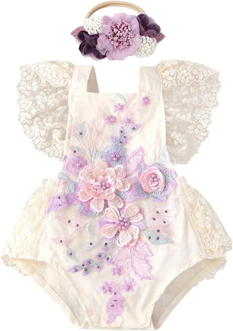 ODASDO Baby Girl Lace Romper Delicate Embroidery Backless Bodysuit with Flower Headband 2pcs Cake Smash Outfit