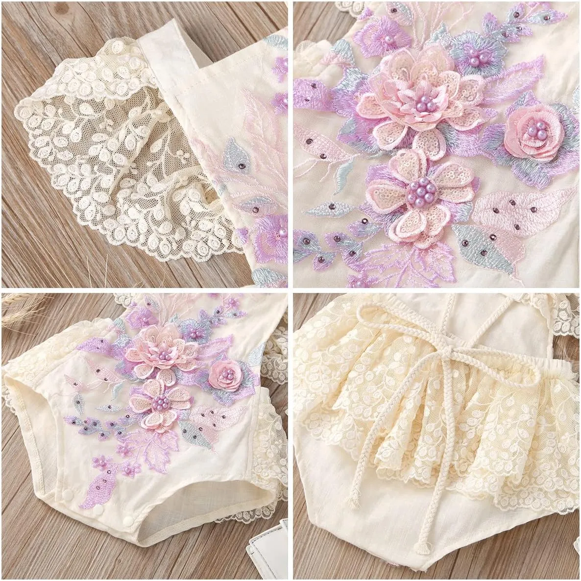 ODASDO Baby Girl Lace Romper Delicate Embroidery Backless Bodysuit with Flower Headband 2pcs Cake Smash Outfit