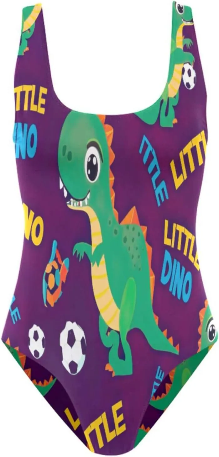 Playful Dinosaur Purple Womens Swimsuit, Tummy Control One-Piece Swimsuit, Backless Bathing Suits for Women