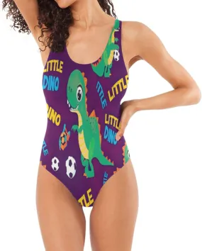 Playful Dinosaur Purple Womens Swimsuit, Tummy Control One-Piece Swimsuit, Backless Bathing Suits for Women
