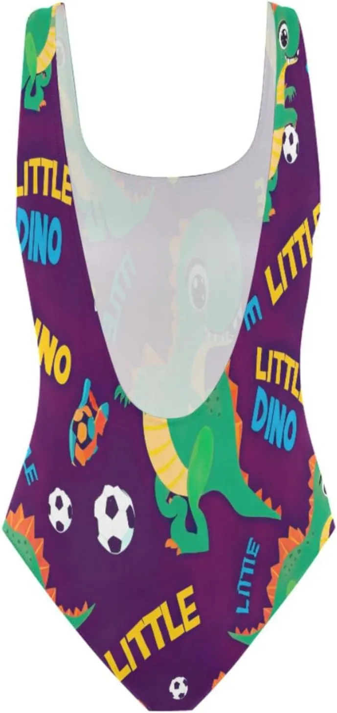 Playful Dinosaur Purple Womens Swimsuit, Tummy Control One-Piece Swimsuit, Backless Bathing Suits for Women