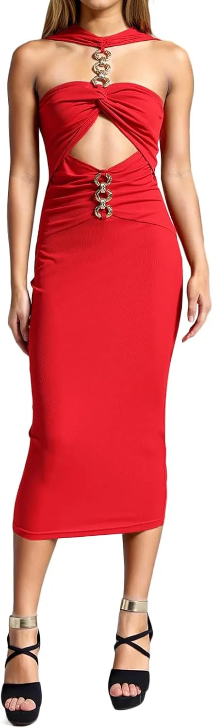 Red Trendy Halter Dress Gorgeous Bodycon Dress Stunning Cut Out Dress Playful Off Shoulder Party Dress