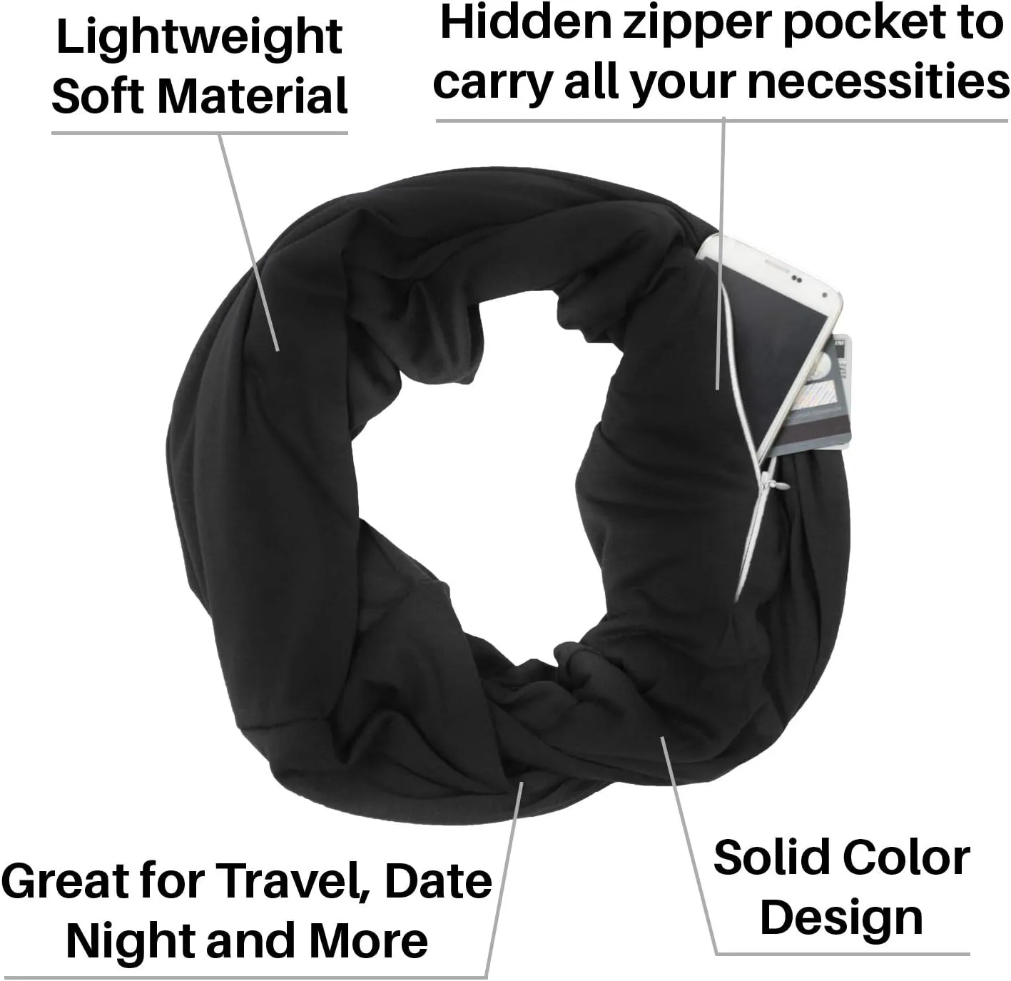 Solid Color Hidden Zipper Pocket Scarf - Fashion Scarf for Women - All Seasons