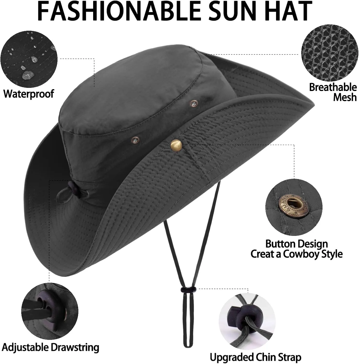 Sun Hat for Women Men UPF 50  Cowboy Hat Waterproof Wide Brim Fishing Hats with Adjustable Summer UV Protection