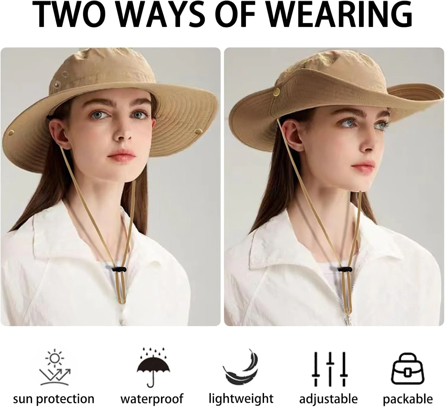Sun Hat for Women Men UPF 50  Cowboy Hat Waterproof Wide Brim Fishing Hats with Adjustable Summer UV Protection