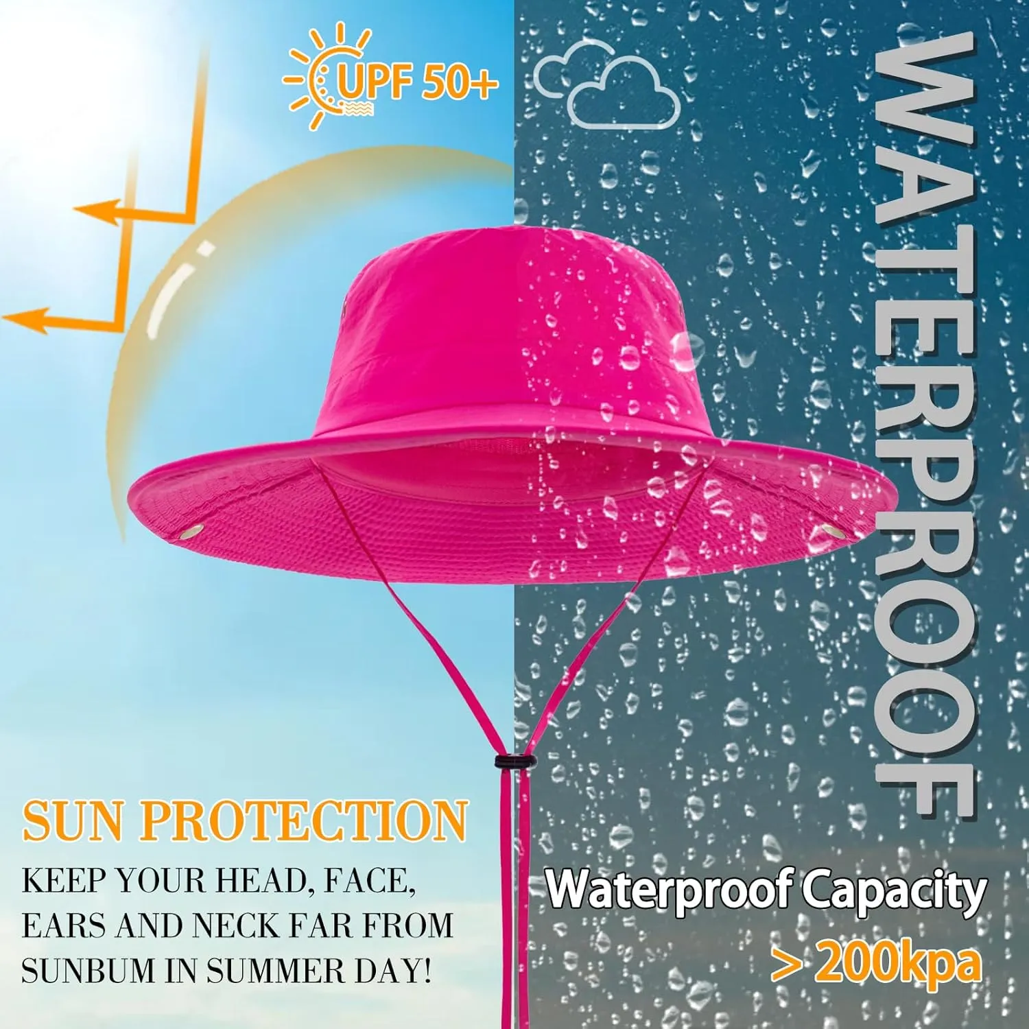 Sun Hat for Women Men UPF 50  Cowboy Hat Waterproof Wide Brim Fishing Hats with Adjustable Summer UV Protection