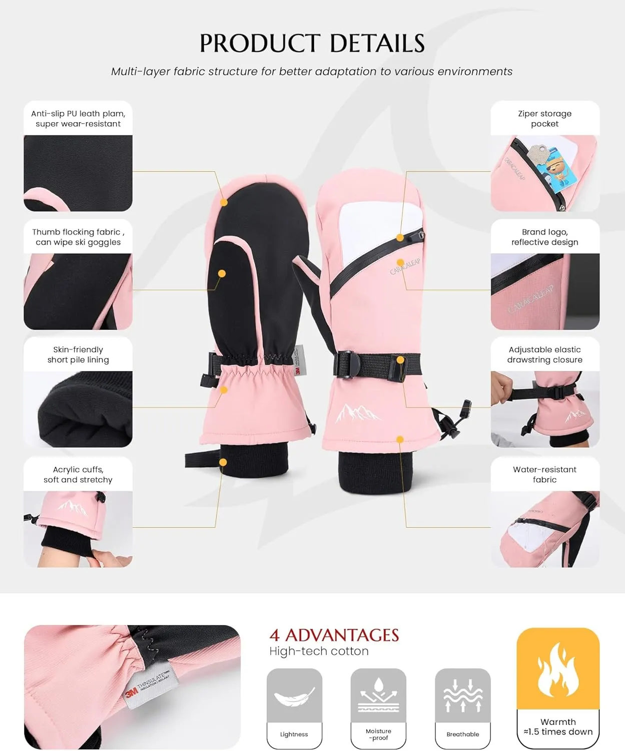 Winter Ski Mittens for Men Women Cold Weather- Warm Snowboard Mittens Gloves Waterproof Snow Sports Mitts Gloves