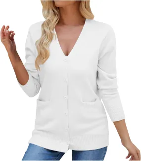 Womens Chunky Knit Solid Color Cardigan Sweaters Trendy V Neck Long Sleeve Lightweight Open Front Button Tops
