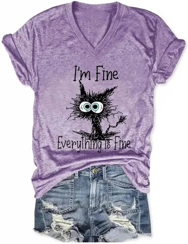 Womens I'm Fine Everything is Fine T Shirts Casual Summer V Neck Cat Graphic Tees Teen Girl Funny Tops