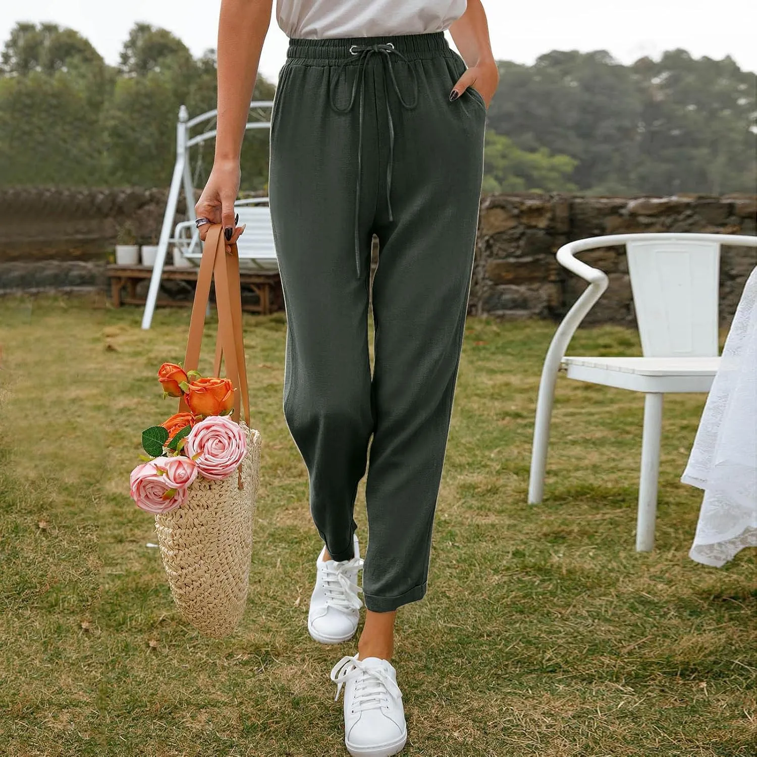 Women's Linen Summer Trousers Casual Lightweight Cotton Linen Trousers Fabric Trousers Airy Leisure Beach Trousers